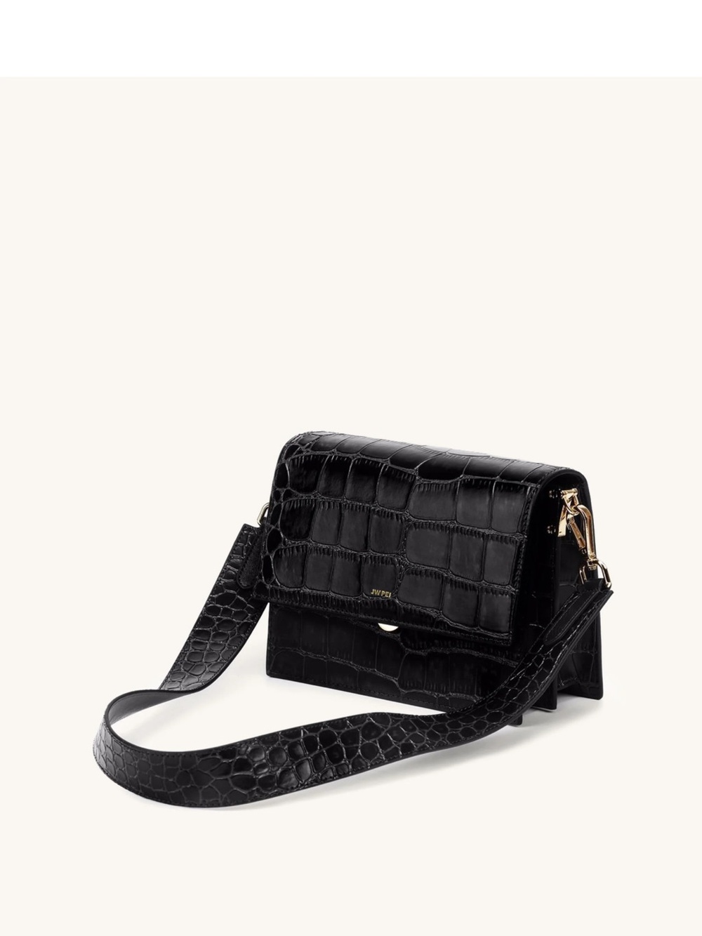 JW PEI Black Croc-Embossed Crossbody Bag with Gold Hardware
